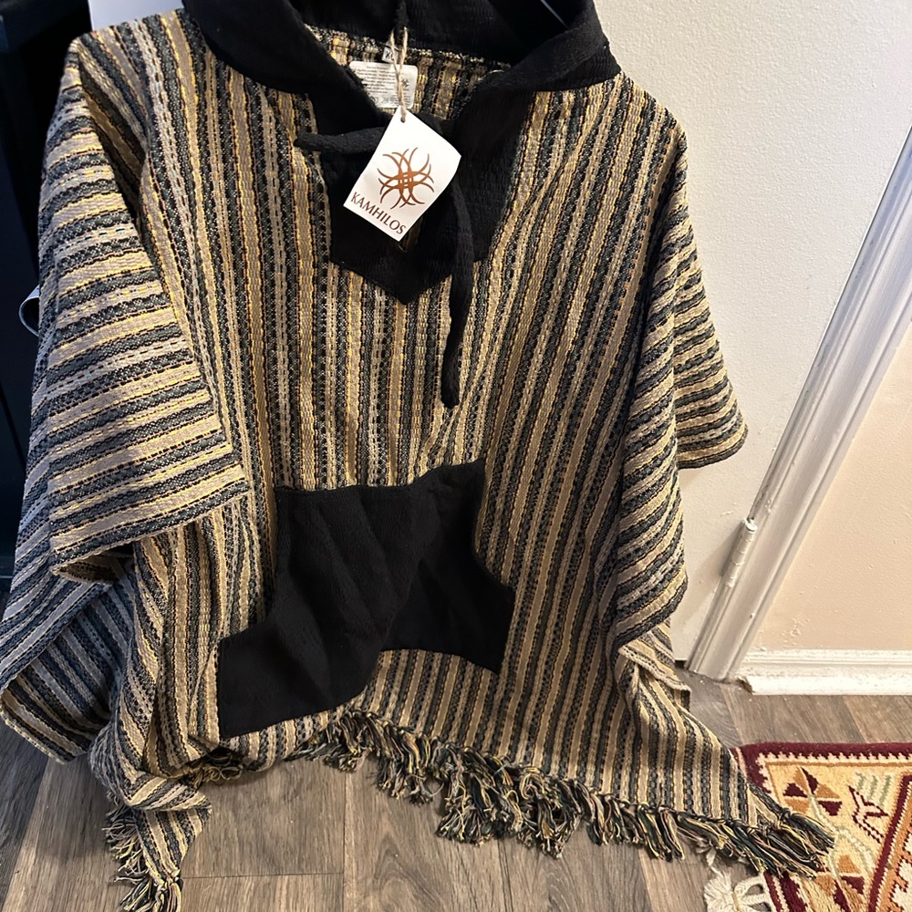 Striped Hooded Poncho with Fringe